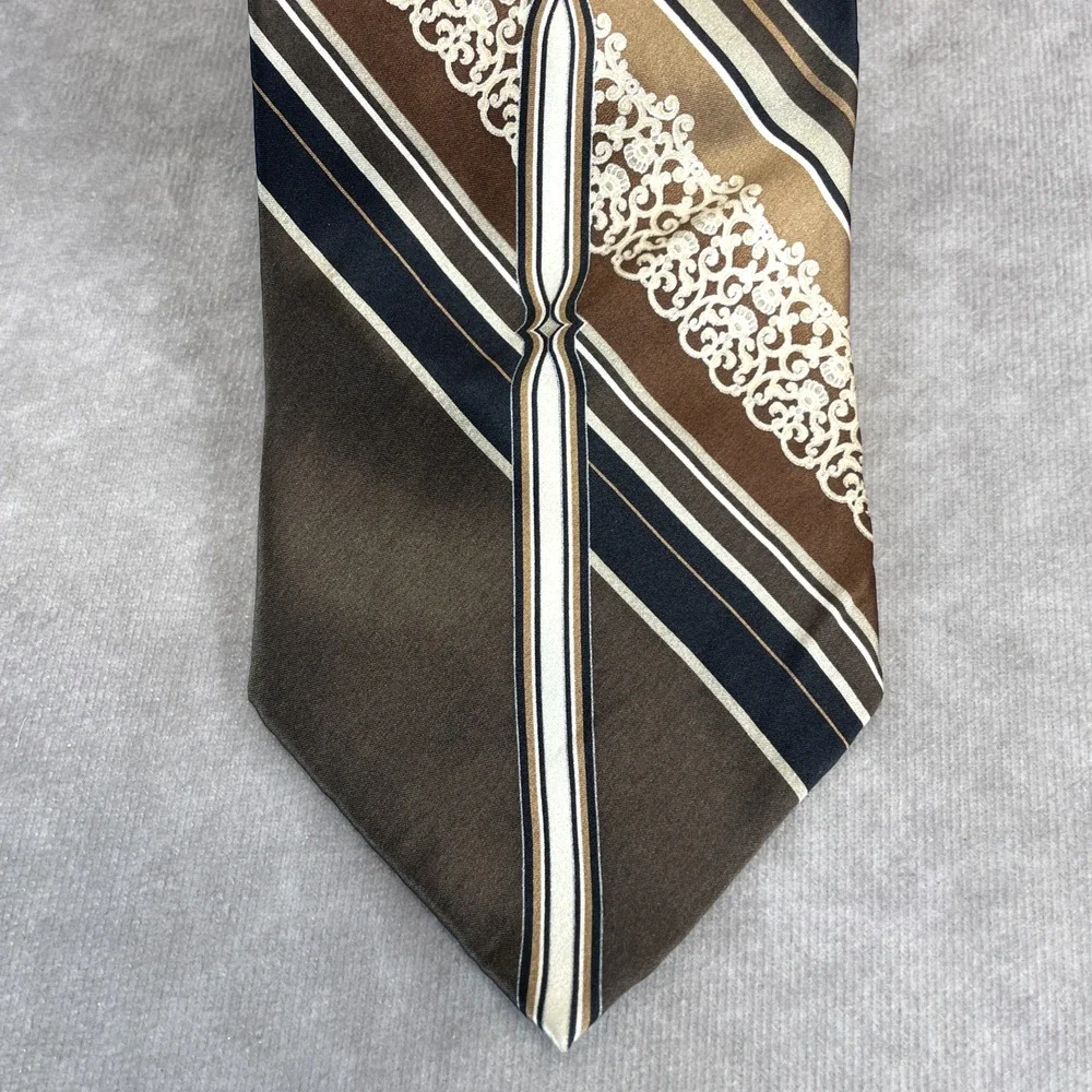 Vtg Stacy Adams Black Brown Beige Artsy Handmade 100% Silk Tie Art Deco Style